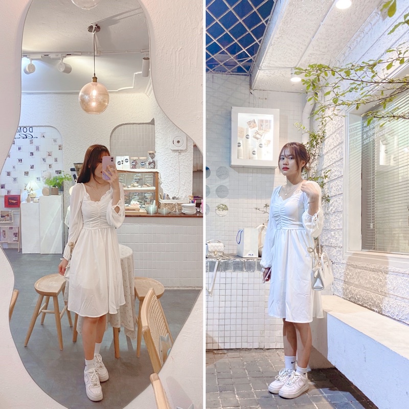 Đầm trắng công chúa cúc ngực / Váy trắng kỷ yếu dáng xoè tay thắt nơ (Ảnh thật)