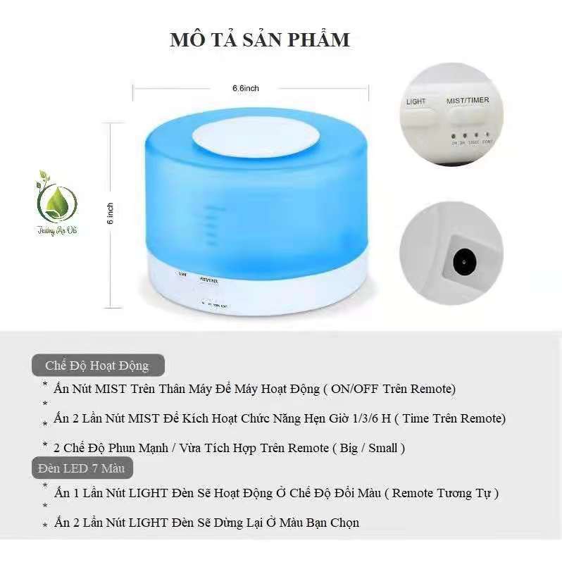 Máy phun sương tạo ẩm, khuếch tán tinh dầu A19 Trụ Trong, dung tích 550ML, có điều khiển, đèn led 7 màu, BH 6 tháng