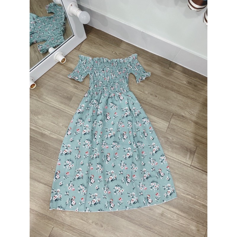 đầm trễ vai hoa nhí may nhún xoè bồng kx