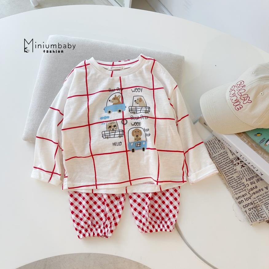 Bộ đồ dài tay quần dài thu đông chó đi ô tô, gà cho bé gái/trai chất liệu 100% cotton, quần áo trẻ em MiniumBaby-SB1315