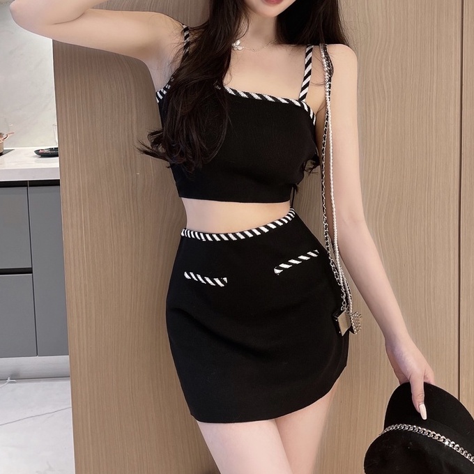 [Hana And Alice] Set Áo Hai Dây + Chân Váy Dệt Kim Thời Trang Nữ