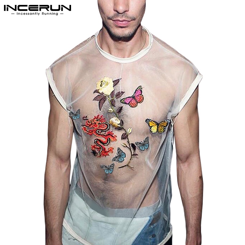 Áo kiểu ba lỗ INCERUN vải lưới xuyên thấu thêu hoa cho nam