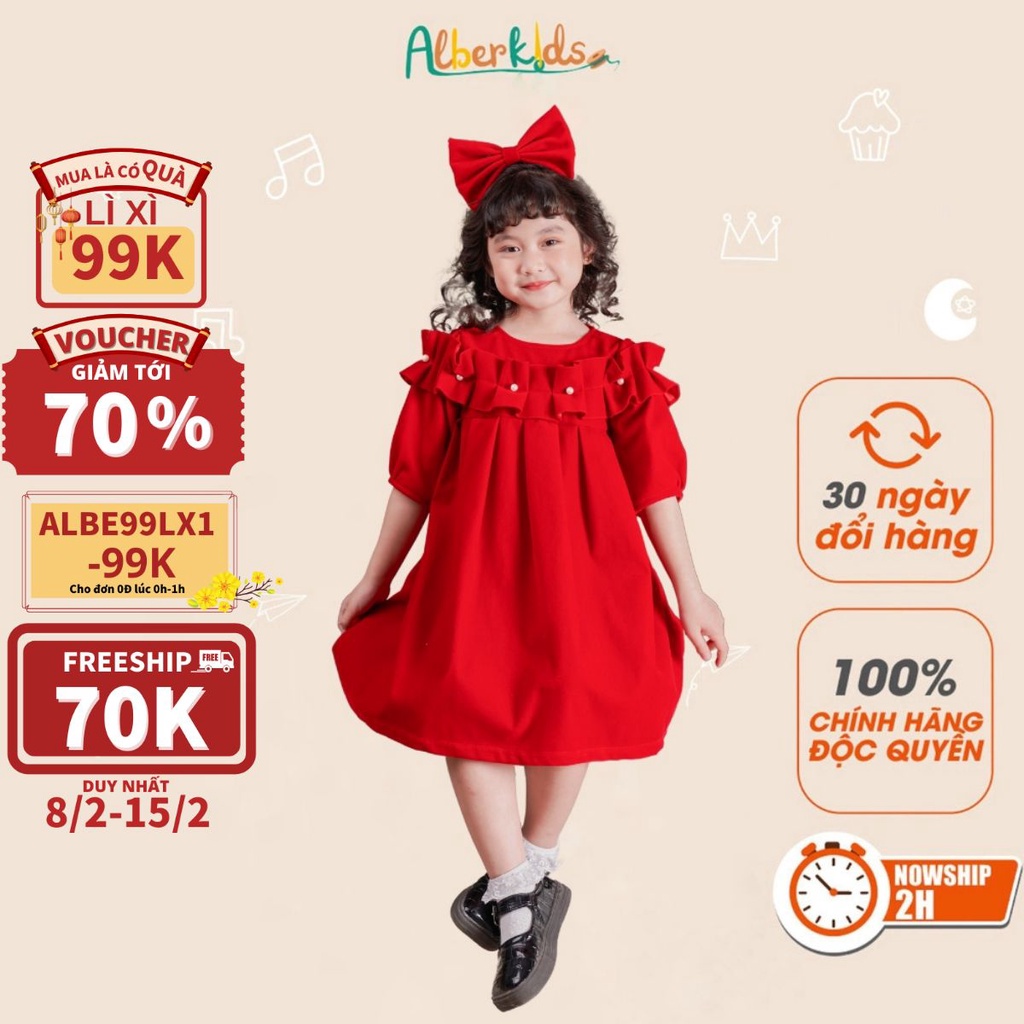Váy bé gái ALBERKIDS nhung đỏ đính NGỌC dài tay công chúa xinh đẹp cho trẻ em gái từ 2,3,4,5,6,7,8,9,10,11,12 tuổi [V44]
