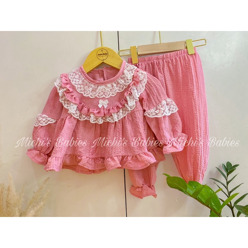 Bộ pizama đũi xốp phối ren tiểu thư siêu xinh cho bé