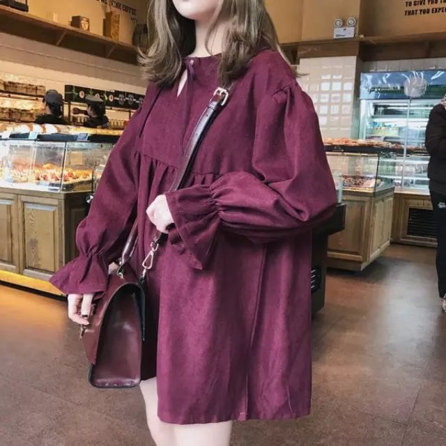 Đầm babydoll tay dài uzzlang phong cách Hàn Quốc