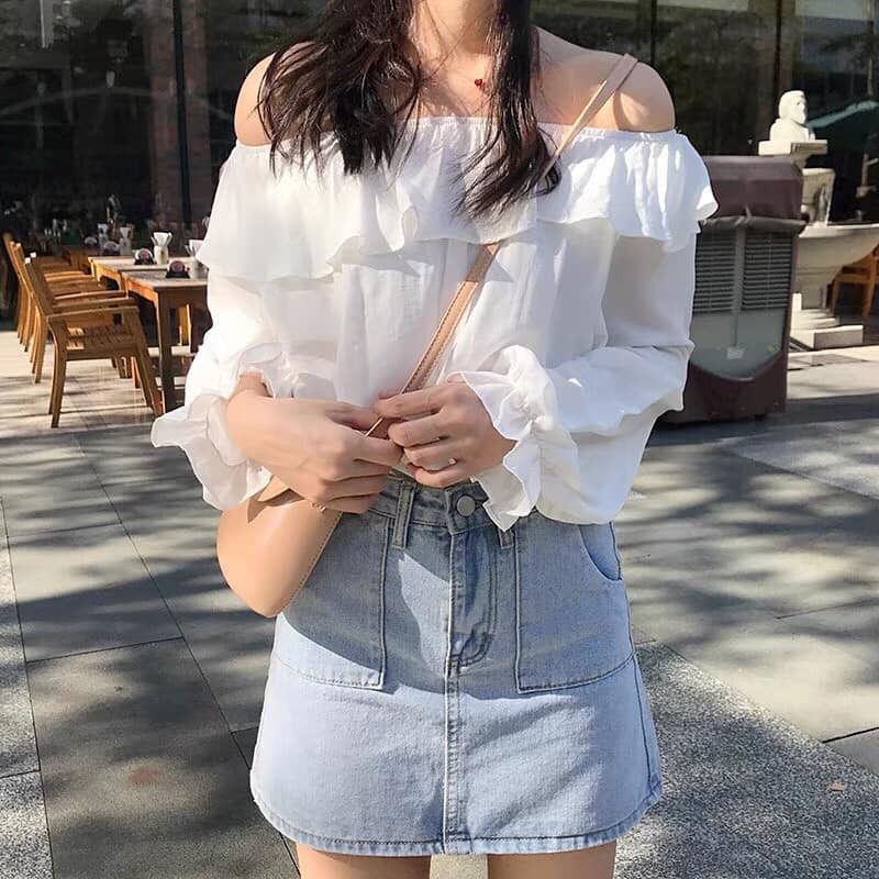 Áo trễ vai , Áo sơ mi trắng trễ vai, Áo chiffon tay dài trễ vai màu trơn dễ phối đồ thời trang xinh xắn cho nữ