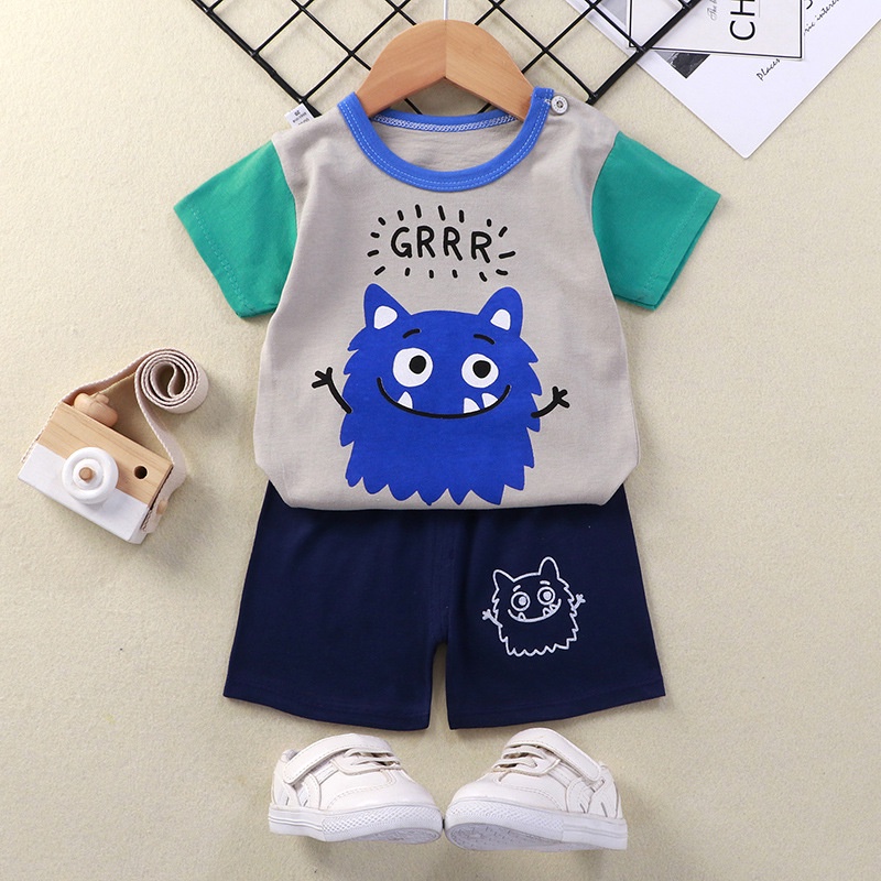 Bộ Áo Thun Tay Ngắn 100% Cotton In Họa Tiết Động Vật Hoạt Hình + Quần Dài Thời Trang Mùa Hè Cho Bé Trai 1-7 Tuổi