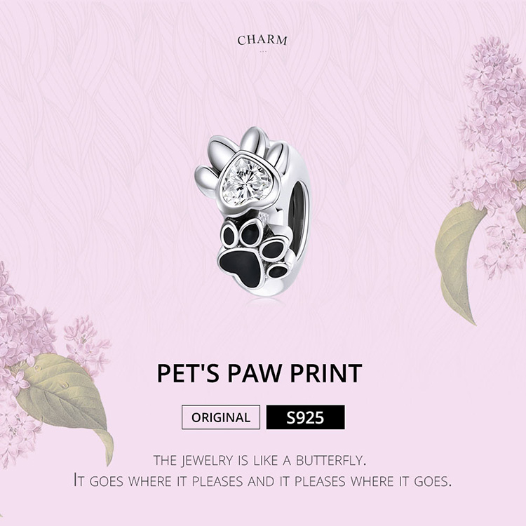 Hạt Charm Bamoer SCC1846 Bạc 925 Thật Hình Bàn Chân Thú Cưng Dùng Để Tự Làm Vòng Tay Thời Trang