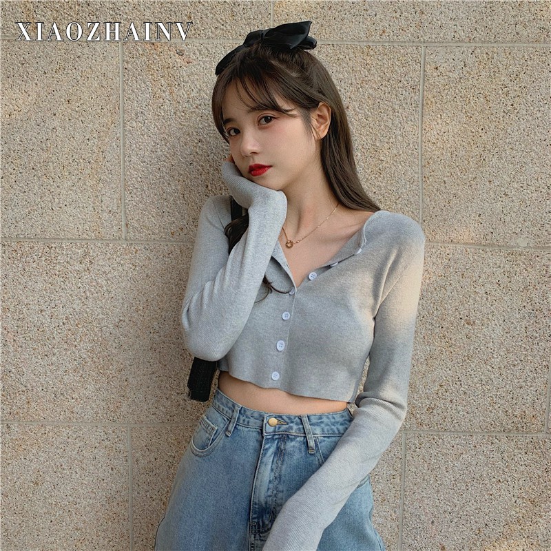  Xiaozhainv Áo Khoác Cardigan Tay Dài Thiết Kế Ôm Sát Tôn Dáng