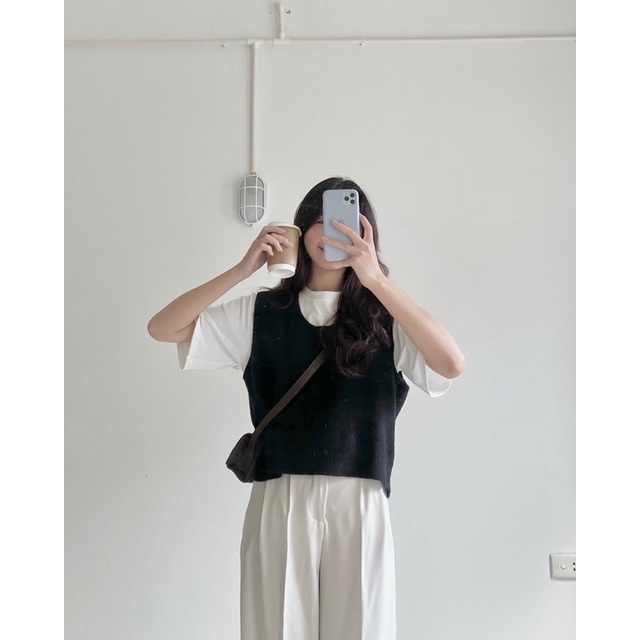 Áo gile len xẻ tà dáng lửng cổ tròn _ Glct (Ảnh thật)