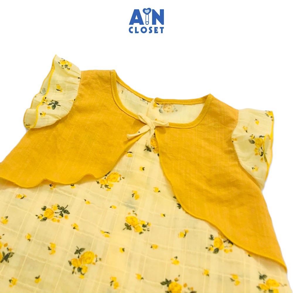 Bộ áo váy ngắn bé gái họa tiết Hoa hồng vàng Golden cotton dệt AICDBGSQBOYT AIN Closet