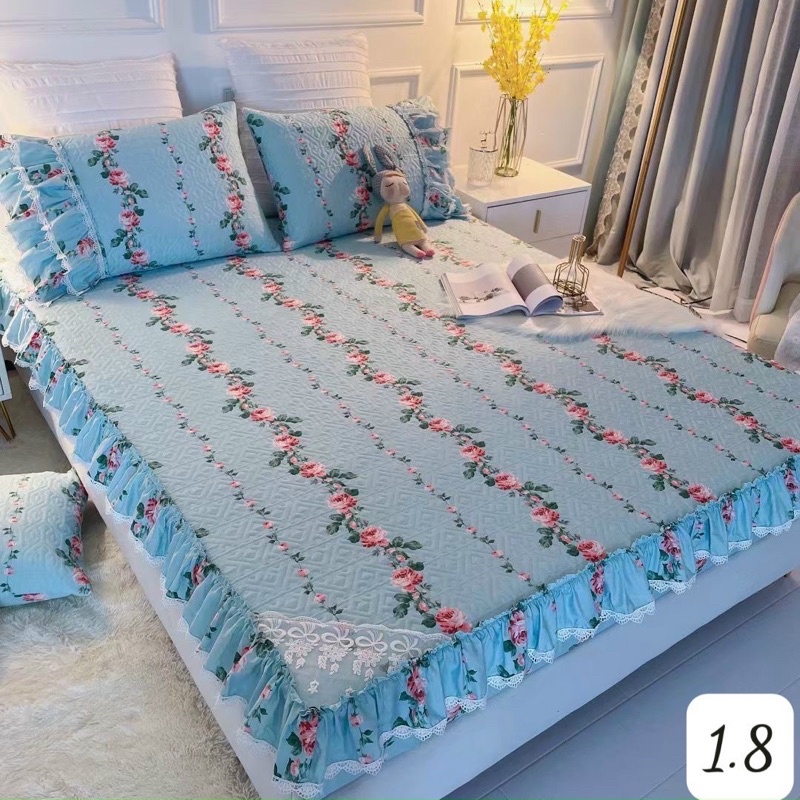 Bộ thảm ga giường kèm 2 vỏ gối cotton phối bèo công chúa siêu xinh, mẫu mới nhất 2022 đủ kích thước