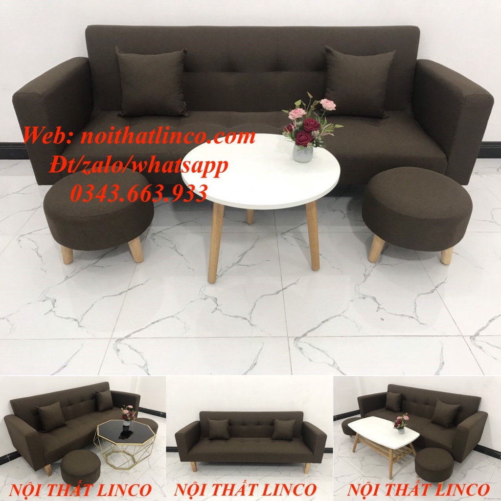 Bộ sofa băng bật làm giường dài 2m giá rẻ màu nâu cà phê vải bố tại TP.HCM Sài Gòn.
