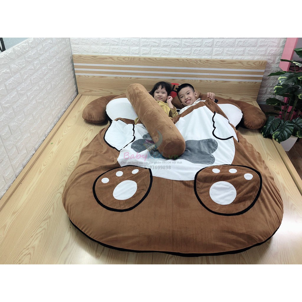 đệm thú bông 1M6X2M, hình chó nâu, có chăn may liền, tặng 1 gối đầu, free may chữ lên nệm