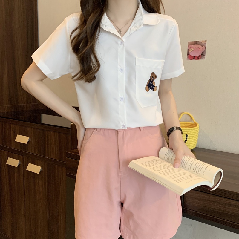 Áo sơ mi SUXI cổ polo tay ngắn dáng rộng đơn giản thời trang mùa hè dành cho nữ