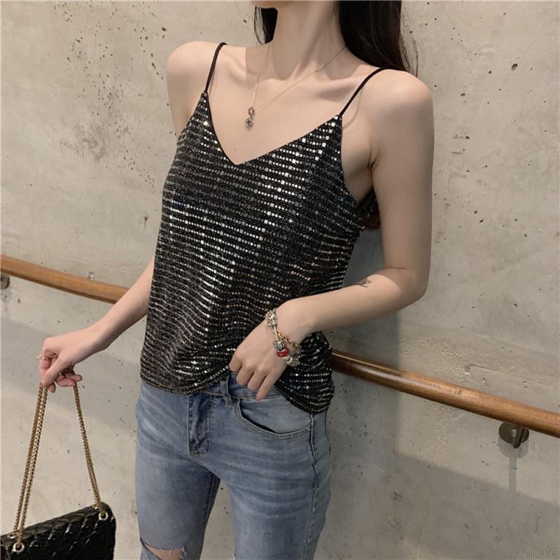 Áo thun len hai dây cổ V đính sequin lấp lánh thời trang dành cho nữ