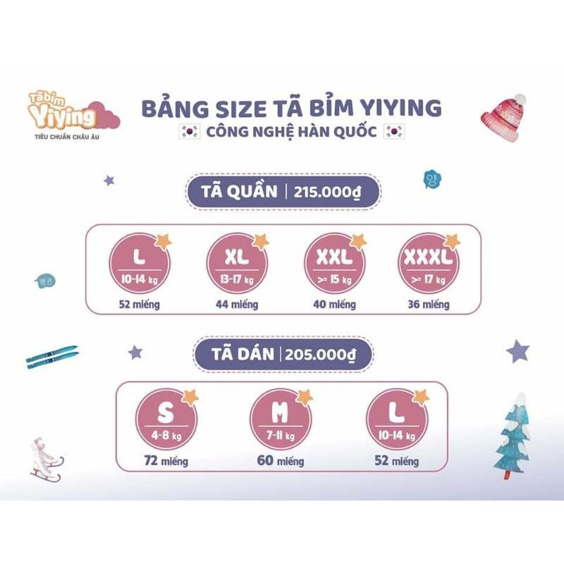 Tã/Bỉm dán/quần Yiying Bông Tuyết Mới S72/M60/L52/XL44/XXL40/XXXL36