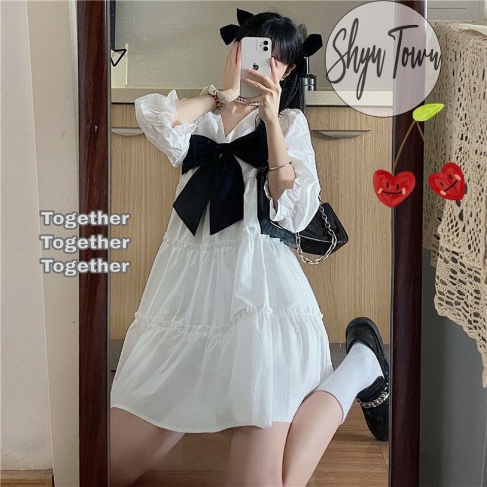 [KÈM VIDEO-ẢNH THẬT] Đầm công chúa xinh xắn 2 lớp tay phồng dáng xoè màu trắng đính nơ, Váy babydoll nữ -ShynCloset | BigBuy360 - bigbuy360.vn