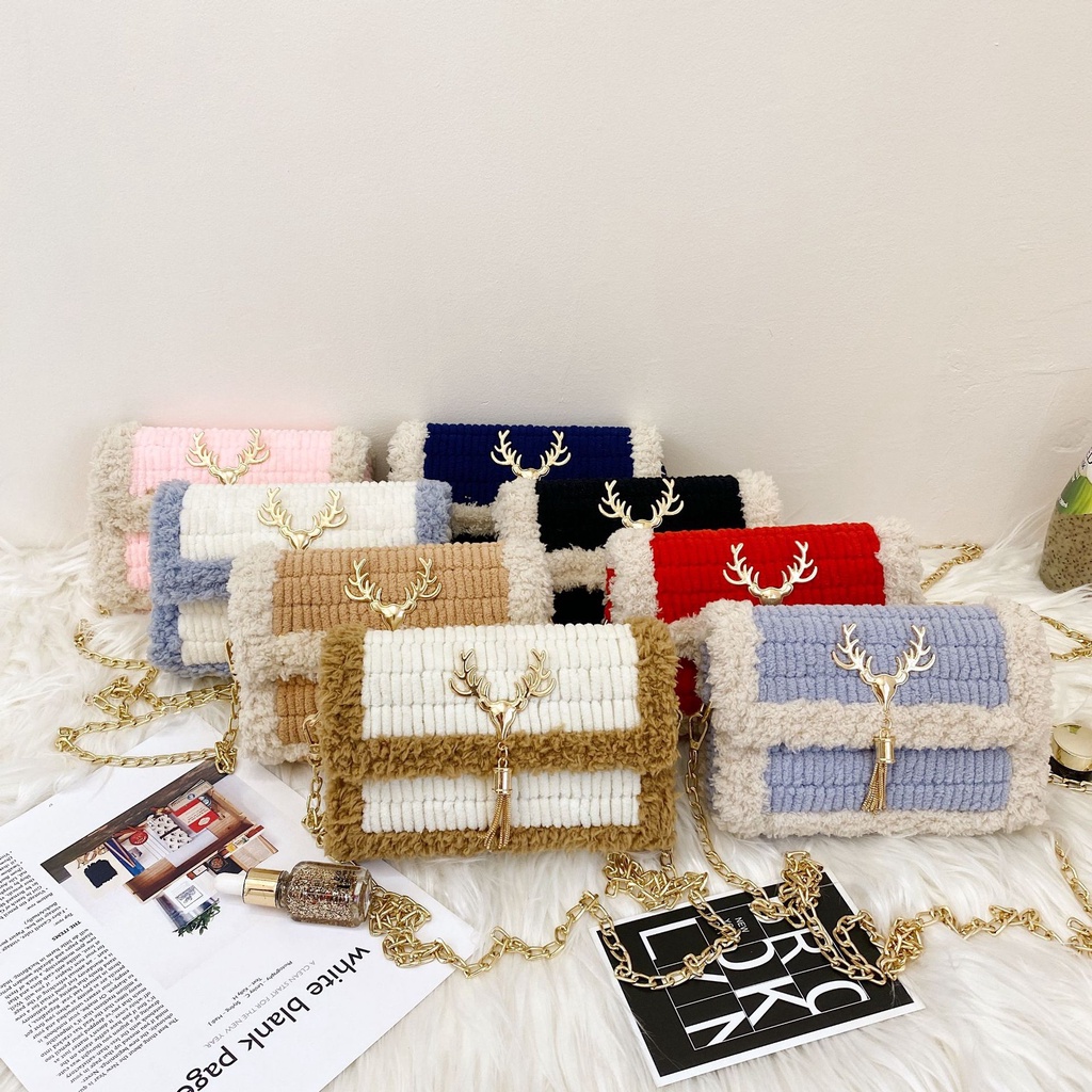 Túi len tự đan phối màu, túi đeo chéo thời trang Hàn Quốc - Bộ phụ kiện đầy đủ LX103