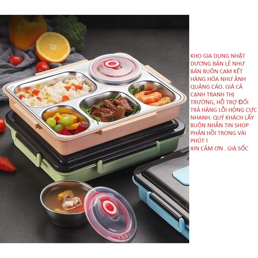 Khay Đựng Cơm, Hộp Đựng Cơm Inox LUNCH BOX Cao Cấp 5 Ngăn Đa Năng Tiện Lợi