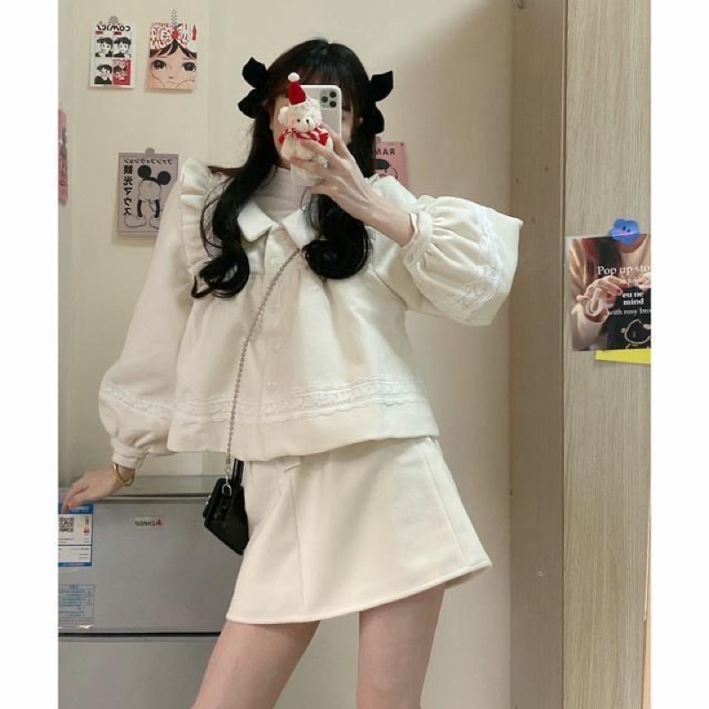 Set bộ dạ trắng mùa đông ấm áp dễ thương kèm ảnh thật ☁️