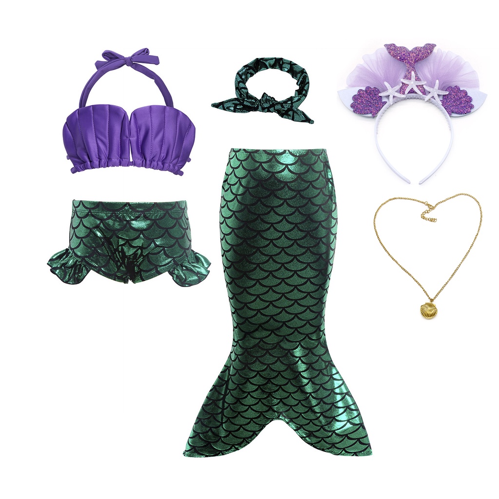 Bộ Đồ Bơi Bikini 3 / 4 Mảnh Đuôi Nàng Tiên Cá Màu Tím Cho Bé Gái