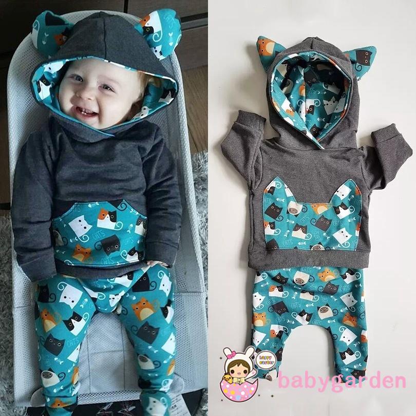 Áo hoodies có tai có quần dài in hình mèo con dễ thương cho bé