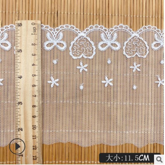 Ren viền- ren chân thêu nơ hình tim trang trí váy áo Lolita, làm phụ kiện handmade, DIY cho doll