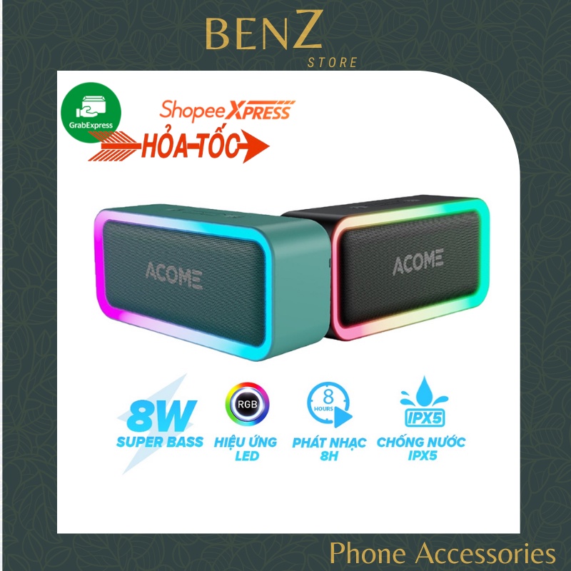 Loa Bluetooth ACOME A6 / VS6 Công Suất 5W Âm Thanh Chất Lượng Cao Hiệu Ứng LED RGD Playtime8H Chống Nước IPX5 BenZ Store