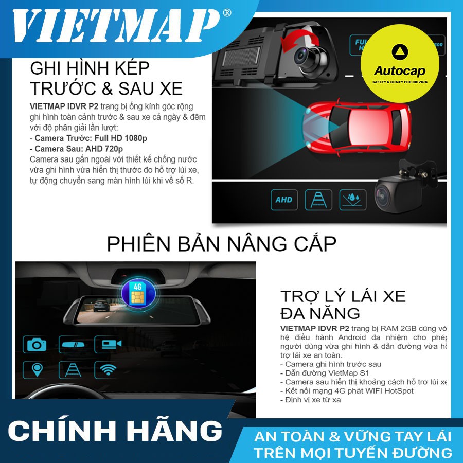 Camera hành trình VIETMAP iDVR P2 cho xe ô tô - Dẫn đường Wifi kèm thẻ 32/64/128GB và SIM 4G