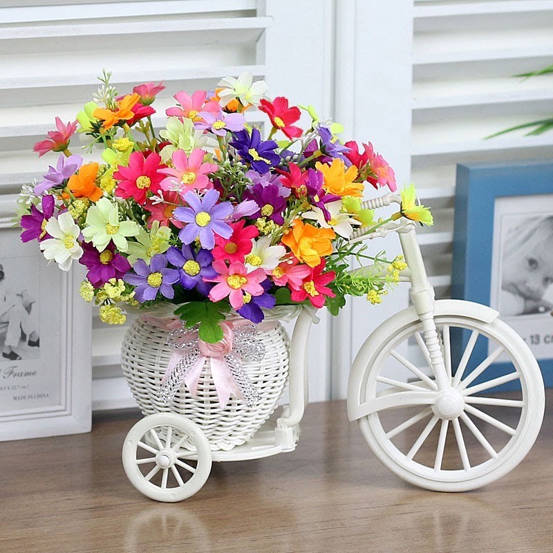 (Cắm sẵn) Xe đạp nhựa kèm hoa tỉ muội, trà bi, hướng dương, cánh bướm, chiêm điểm - Lọ hoa giả - Trang trí, để bàn
