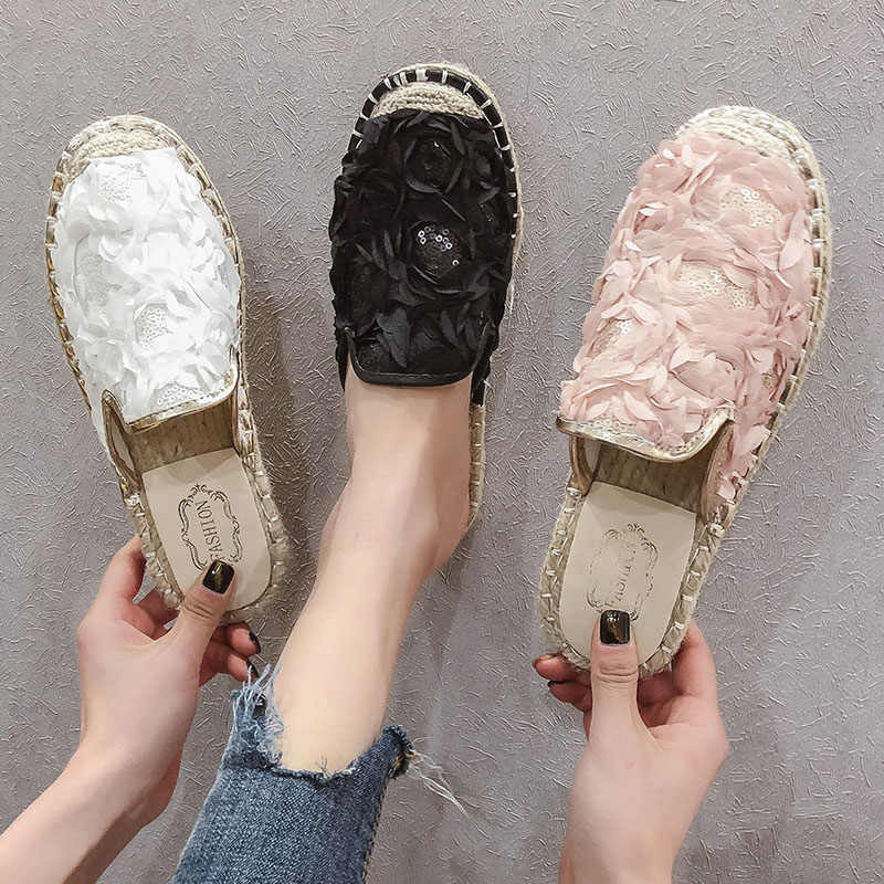 Giày sục slip on hoa 3D hàng QC đế viền cói