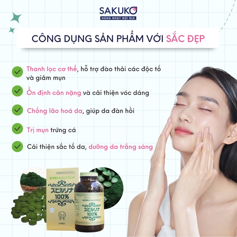 Viên Uống Tảo Xoắn Biển Xanh SPIRULINA Tem Đỏ 2200 Viên Nội Địa Nhật Bản - SAKUKO