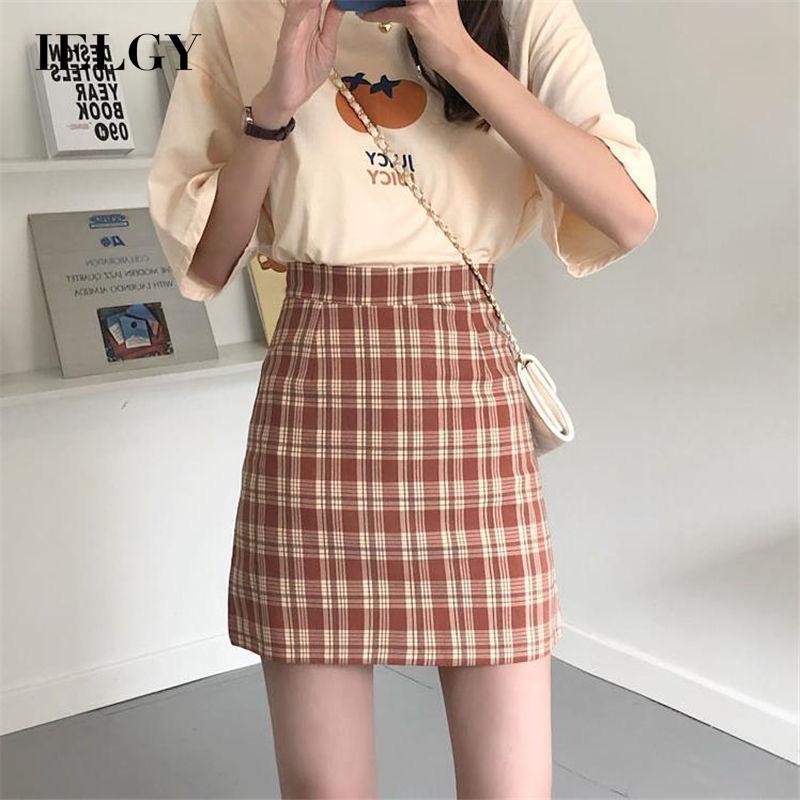 Chân váy chữ A IELGY lưng cao họa tiết sọc caro thời trang mùa hè cho nữ