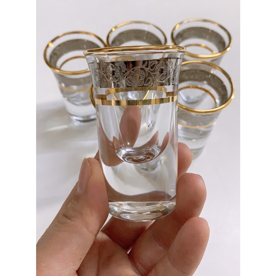 BỘ 6 LY THỦY TINH UỐNG RƯỢU KHẢM VÀNG BẠC CAO CẤP MIỆNG LOE