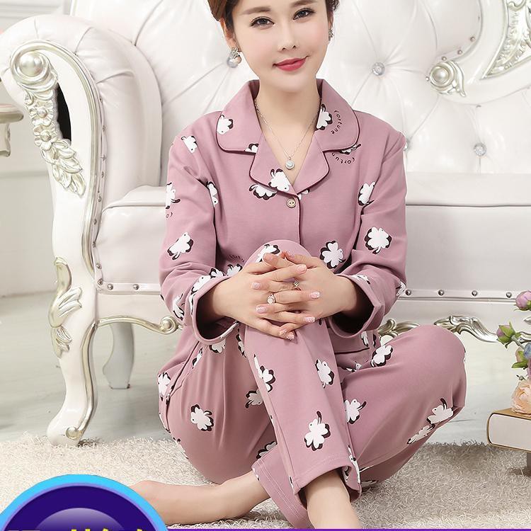 Bộ đồ ngủ bà mẹ mùa xuân thu đông cotton dài tay bà mẹ trung niên người già cao tuổi plus size