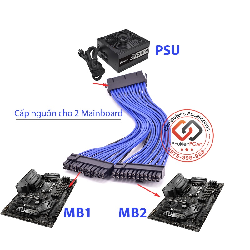 Cáp chia nguồn PSU ATX 24pin Main 1 ra 2, dài 30cm. Cấp nguồn song song cho 2 Mainboard máy tính PC máy tính công nghiệp