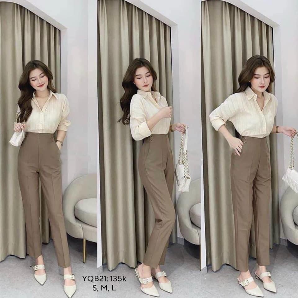 Quần tây nữ công sở kiểu baggy nữ TM 2 khuy sườn lưng cao ống đưng CHIBEST YQB21
