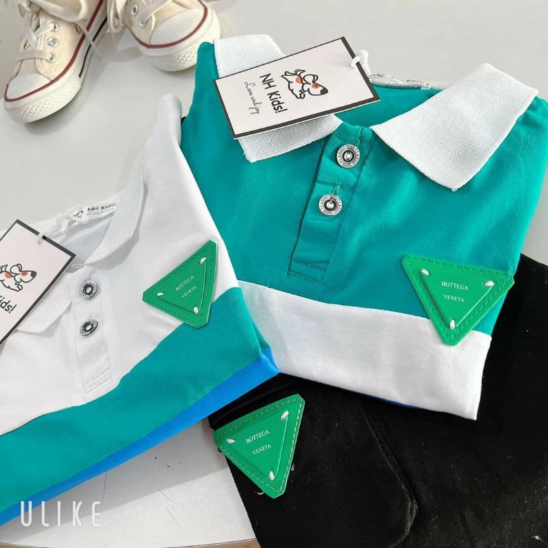 Set áo cổ trụ phối mầu - quần kaki túi hộp - logo nổi Áo chất Cotton - Quần kaki giãn mềm Size : 18 - 35kg