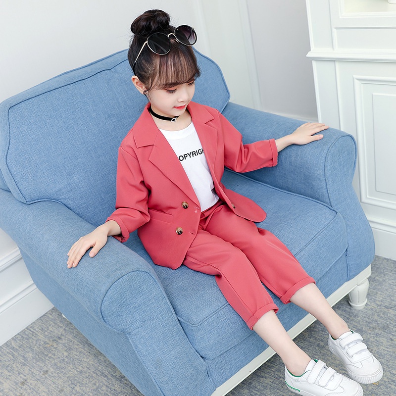 Set trang phục hai món IQ ANGEL áo khoác blazer và quần dài phong cách Hàn Quốc thời trang mùa thu mới dành cho bé gái