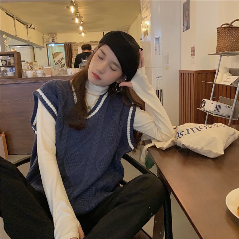 Áo Dệt Kim Sát Nách Cổ Chữ V Dáng Rộng Màu Sắc Tương Phản Phong Cách Hàn Quốc Cho Nữ | BigBuy360 - bigbuy360.vn