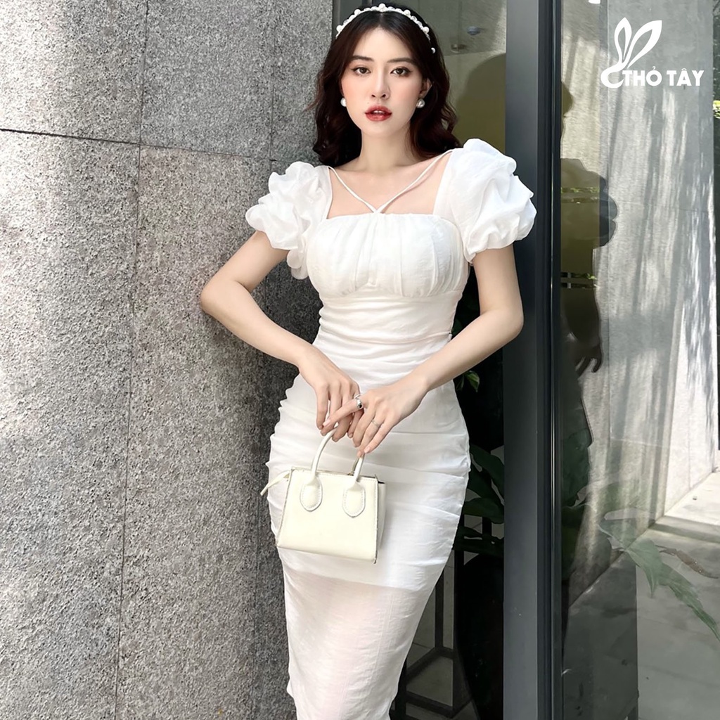 Đầm body tay phồng nơ lưng THỎ TÂY DAM489