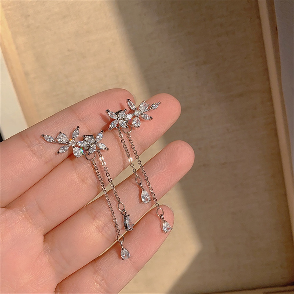 Khuyên Tai Dáng Dài Phối Cánh Thiên Thần Đính Đá Zircon Thời Trang Hàn Quốc