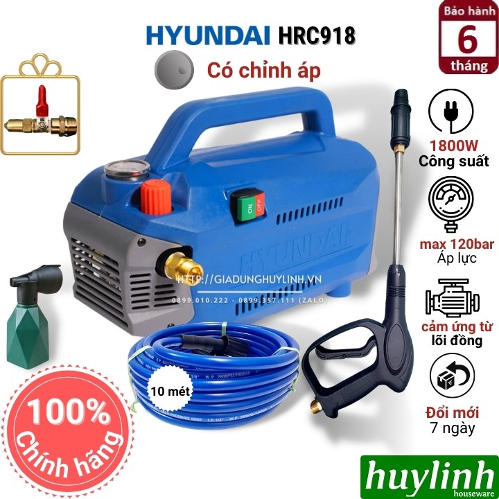 Máy xịt rửa xe chỉnh áp Hyundai HRC918 - 1800W - Tặng béc rửa máy lạnh