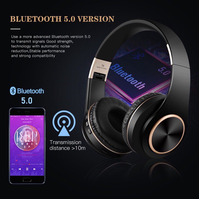 Pulierde T8 Wireless Headphone  Bluetooth 5.0 Over-ear Soft Stereo Sport With Mic