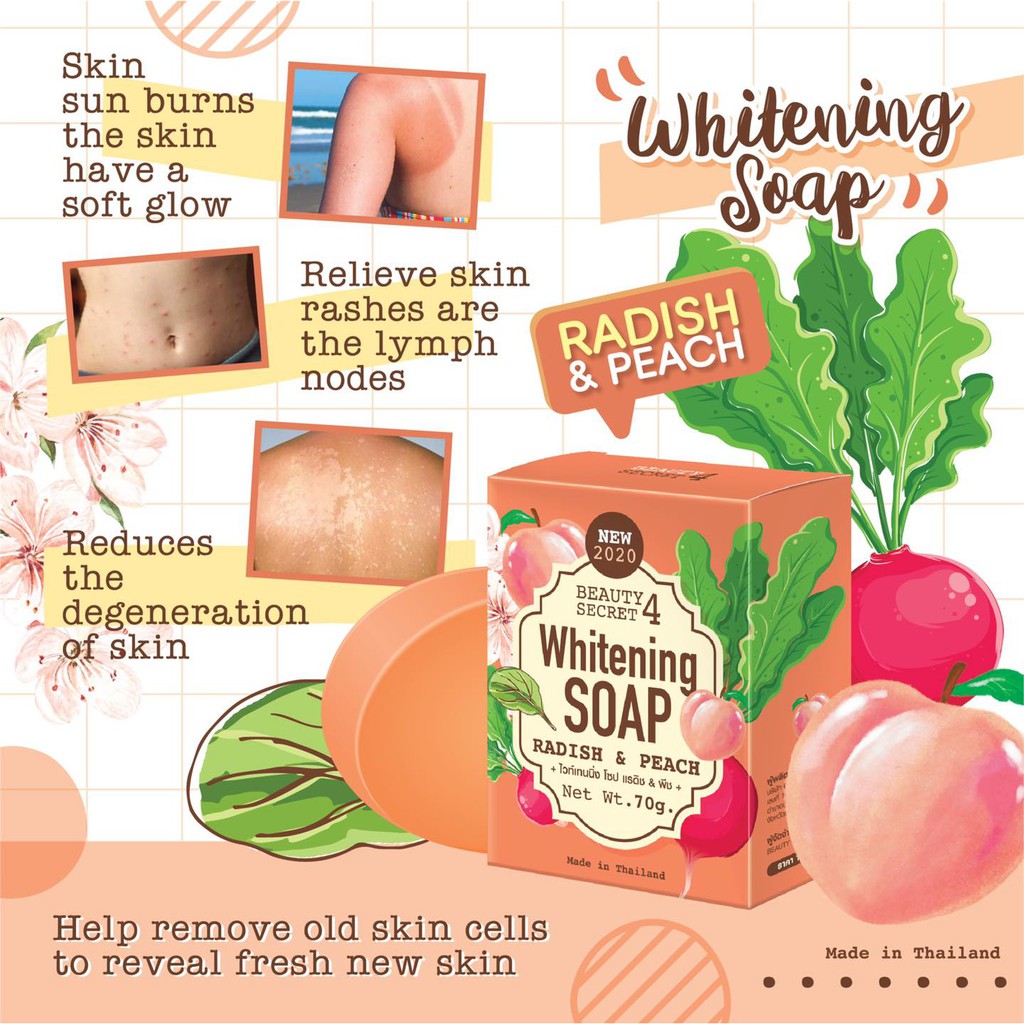 01 Xà Bông Phục Hồi & Trắng Da Whitening Soap Radish & Peach 70gram Thái Lan