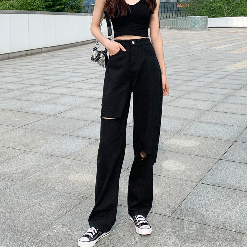 Daduhey Quần dài jeans kiểu dáng rách gối thời trang cho nữ