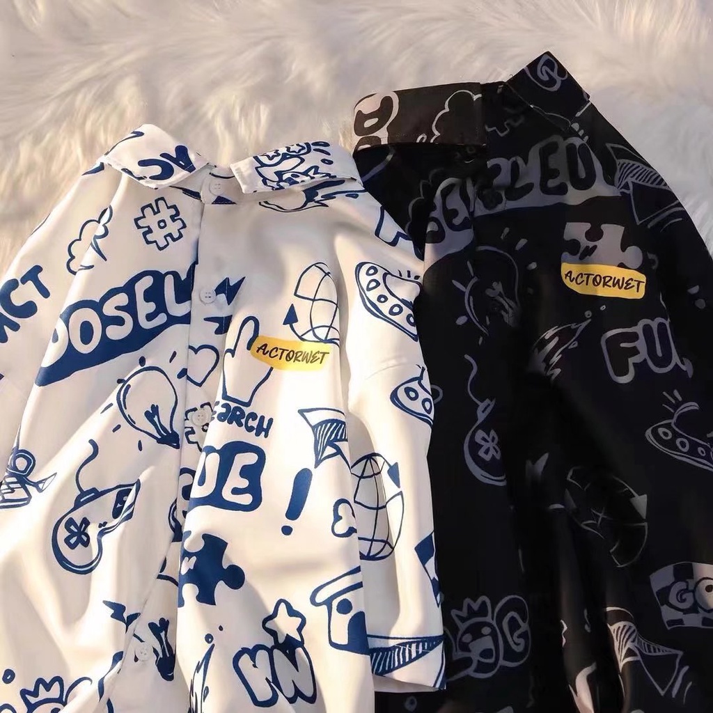 Áo Sơ Mi Tay Ngắn In Họa Tiết Phong Cách Nhật Bản Cho Nam