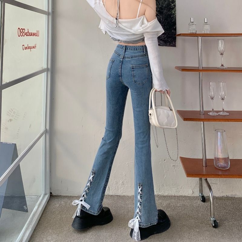 Quần Jean Lưng Cao Ống Loe Ôm Dáng Phối Dây Cột Thời Trang Cho Nữ