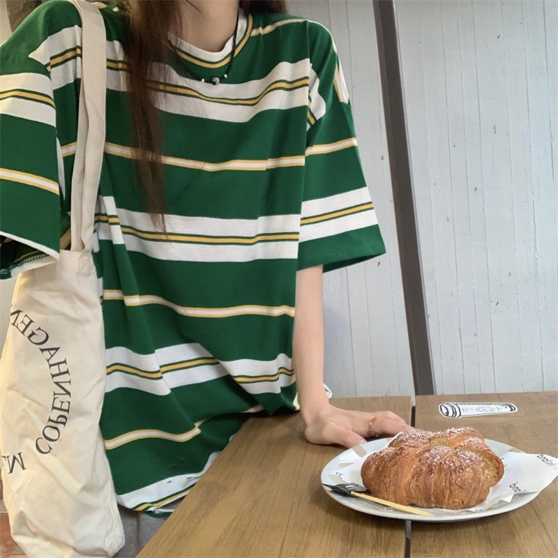 Áo Thun Ngắn Tay Cổ Tròn Dáng Rộng Họa Tiết Kẻ Sọc Phong Cách Retro Thời Trang Mùa Hè Cho Nữ